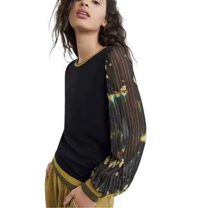 NWT Anthropologie Bl^nk Nela Pullover Black Green Chiffon Sleeves Size Large